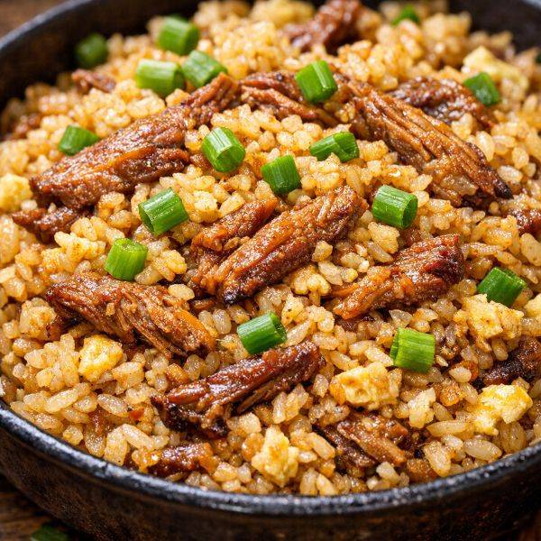Close up photo of Filipino Adobo Fried Rice with green onions and shredded pork 1